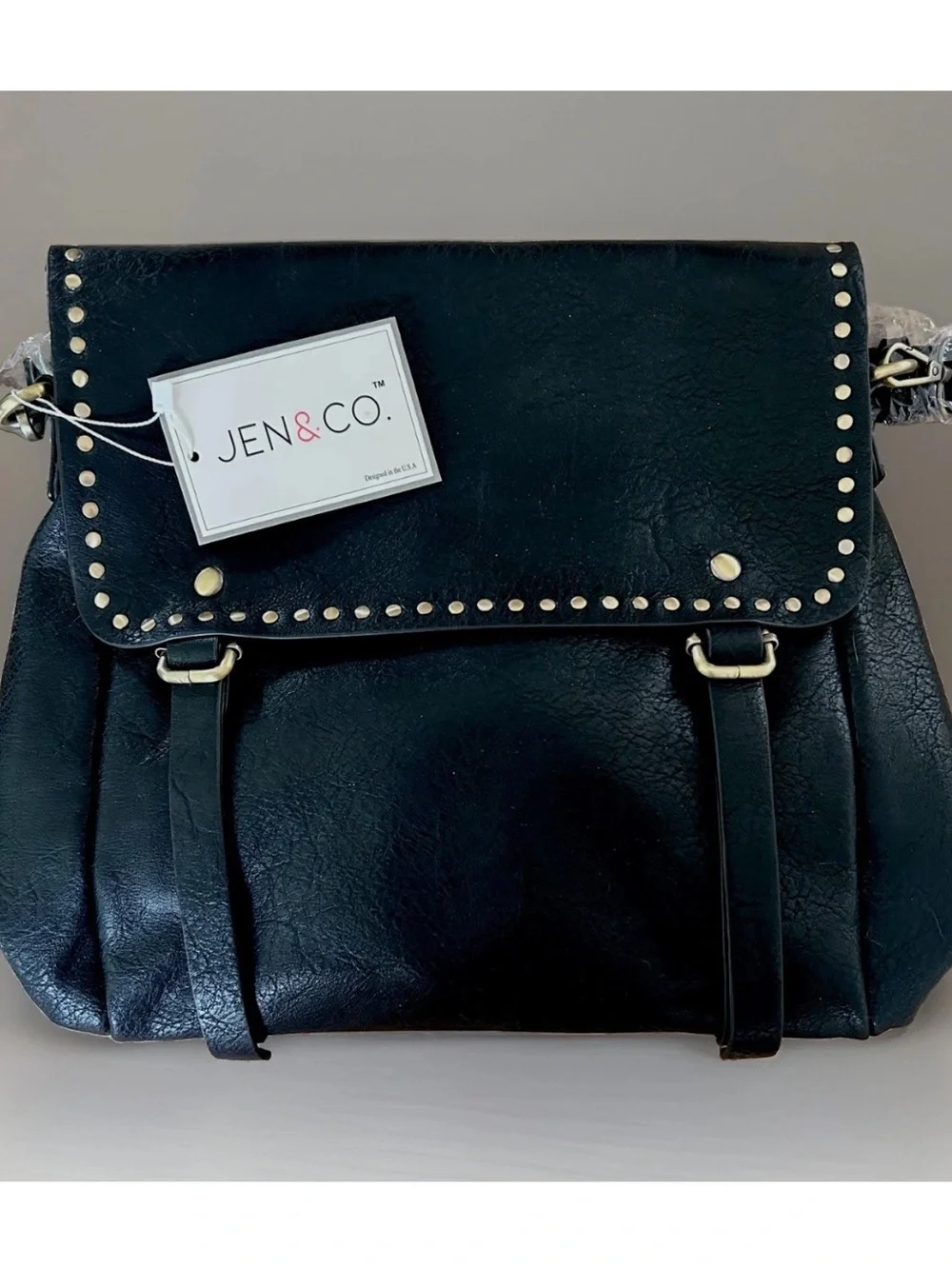 Jen & Co Indigo Convertible Backpack Purse Flap Over Front Metal Studs Black 12”